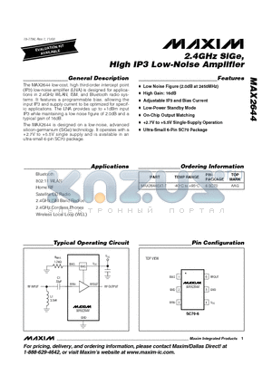 MAX2644 datasheet - 2.4GHz SiGe, High IP3 Low-Noise Amplifier