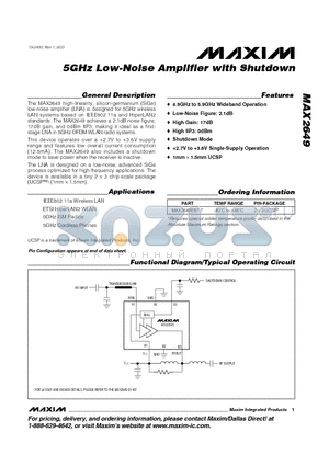 MAX2649EBT-T datasheet - 5GHz Low-Noise Amplifier with Shutdown