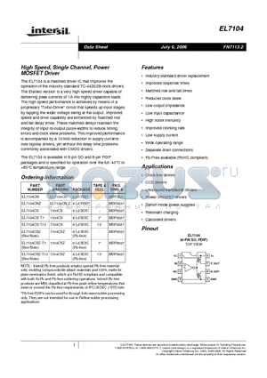 EL7104 datasheet - High Speed, Single Channel, Power MOSFET Driver