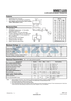 MMBT123S-7-F datasheet - 1A NPN SURFACE MOUNT TRANSISTOR