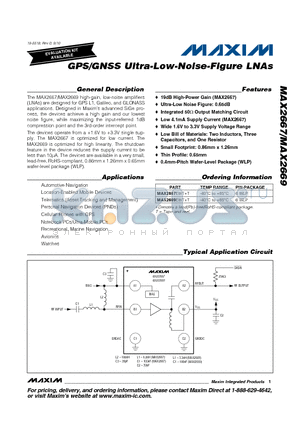 MAX2667 datasheet - GPS/GNSS Ultra-Low-Noise-Figure LNAs