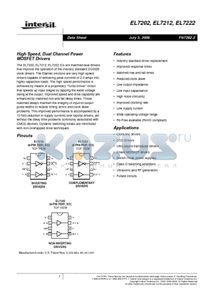 EL7202 datasheet - High Speed, Dual Channel Power MOSFET Drivers