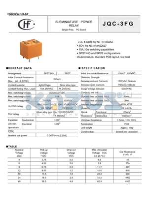 JQC-3FG12ZNILNIL datasheet - SUBMINIATURE POWER RELAY