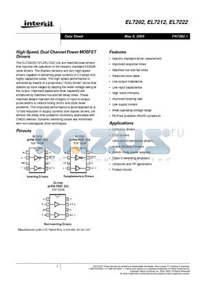 EL7212 datasheet - High Speed, Dual Channel Power MOSFET Drivers