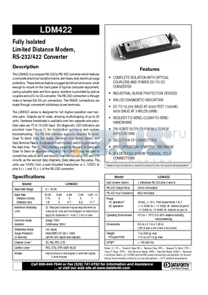 LDM422 datasheet - Fully Isolated Limited Distance Modem, RS-232/422 Converter