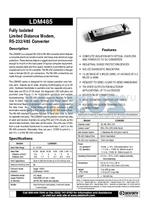 LDM485-PT datasheet - Fully Isolated Limited Distance Modem, RS-232/485 Converter