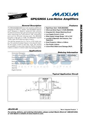 MAX2688 datasheet - GPS/GNSS Low-Noise Amplifiers