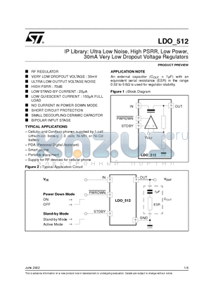 LDO-512 datasheet - Ultra Low Noise, High PSRR, Low Power, 30mA Very Low Dropout Voltage Regulators