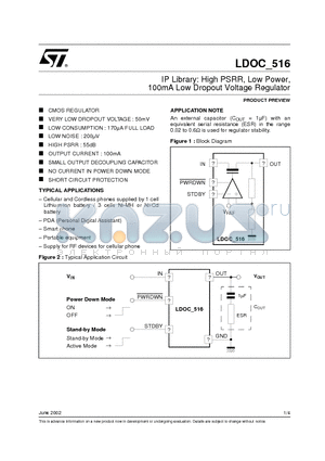 LDOC516 datasheet - IP Library: High PSRR, Low Power, 100mA Low Dropout Voltage Regulator