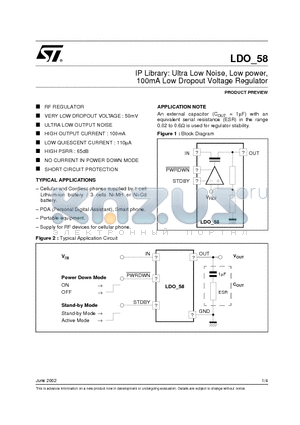 LDO58 datasheet - IP Library: Ultra Low Noise, Low power, 100mA Low Dropout Voltage Regulator