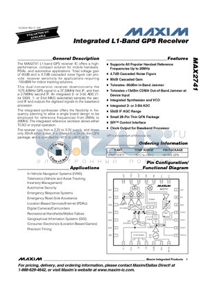 MAX2741 datasheet - Integrated L1-Band GPS Receiver