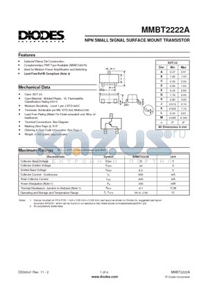 MMBT2222A-7-F datasheet - NPN SMALL SIGNAL SURFACE MOUNT TRANSISTOR