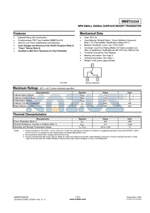 MMBT2222A-7-F datasheet - NPN SMALL SIGNAL SURFACE MOUNT TRANSISTOR