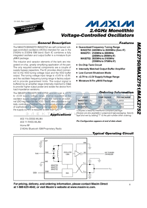 MAX2750_V1 datasheet - 2.4GHz Monolithic Voltage-Controlled Oscillators