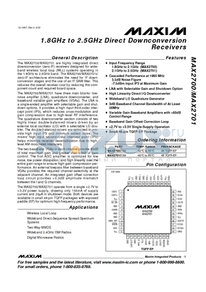 MAX2700 datasheet - 1.8GHz to 2.5GHz Direct Downconversion Receivers