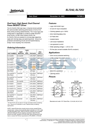 EL7252CSZ-T13 datasheet - Dual Input, High Speed, Dual Channel Power MOSFET Driver