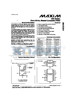 MAX281AEPA datasheet - Zero-Error, Bessel Lowpass Filter