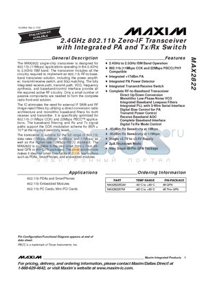 MAX2822 datasheet - 2.4GHz 802.11b Zero-IF Transceiver with Integrated PA and Tx/Rx Switch
