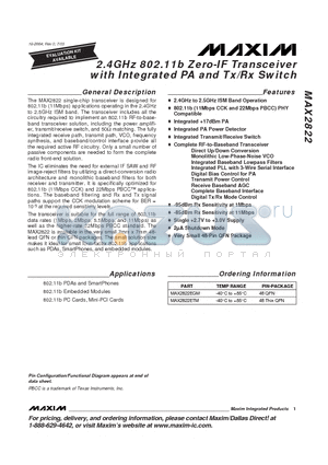 MAX2822EGM datasheet - 2.4GHz 802.11b Zero-IF Transceiver with Integrated PA and Tx/Rx Switch