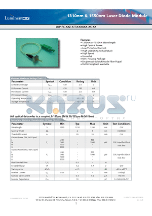 LDP-FC-31Z-U-T-ASSCN datasheet - 1310nm & 1550nm Laser Diode Module