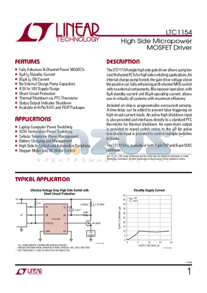 LTC1154_11 datasheet - High Side Micropower MOSFET Driver Fully Enhances N-Channel Power MOSFETs