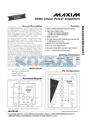 MAX2841EBC-T datasheet - 5GHz Linear Power Amplifiers