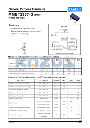 MMBT2907-G datasheet - GENERAL PURPOSE TRANSISTORS