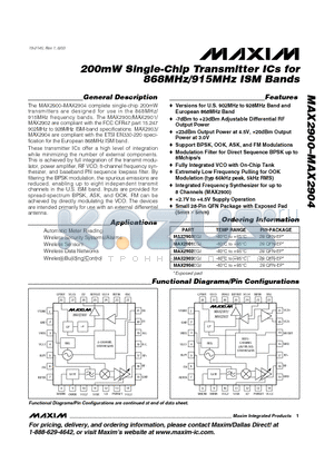 MAX2904EGI datasheet - 200mW Single-Chip Transmitter ICs for 868MHz/915MHz ISM Bands