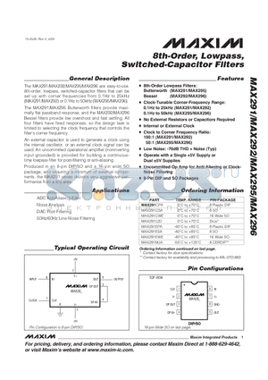 MAX291EWE datasheet - 8th-Order, Lowpass, Switched-Capacitor Filters