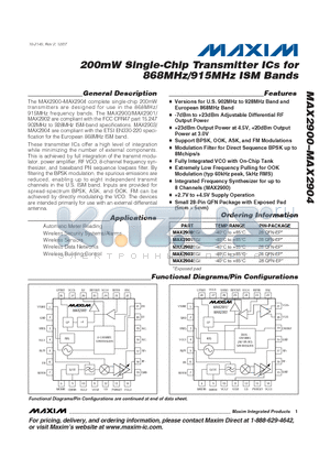 MAX2901EGI datasheet - 200mW Single-Chip Transmitter ICs for 868MHz/915MHz ISM Bands