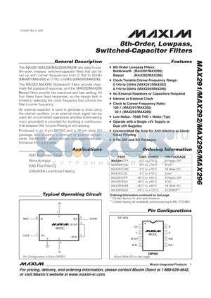 MAX291MJA datasheet - 8th-Order, Lowpass, Switched-Capacitor Filters