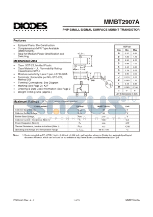 MMBT2907A-7 datasheet - PNP SMALL SIGNAL SURFACE MOUNT TRANSISTOR