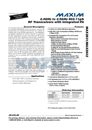 MAX2831ETMT datasheet - 2.4GHz to 2.5GHz 802.11g/b RF Transceivers with Integrated PA