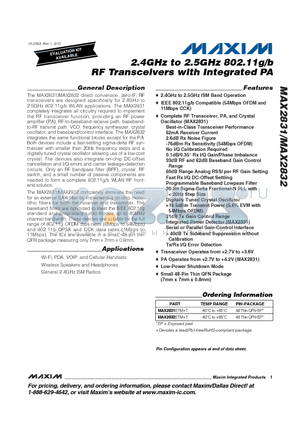 MAX2832 datasheet - 2.4GHz to 2.5GHz 802.11g/b RF Transceivers with Integrated PA