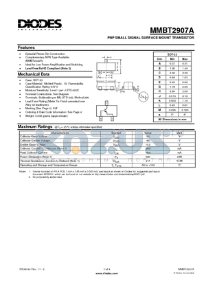 MMBT2907A_1 datasheet - PNP SMALL SIGNAL SURFACE MOUNT TRANSISTOR