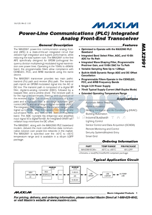 MAX2991ECM+ datasheet - Power-Line Communications (PLC) Integrated Analog Front-End Transceiver