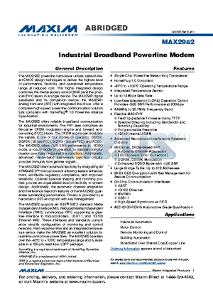 MAX2982 datasheet - Industrial Broadband Powerline Modem