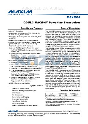 MAX2992 datasheet - G3-PLC MAC/PHY Powerline Transceiver Operating Frequency from 10kHz to 490kHz
