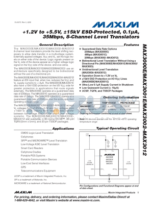MAX30011 datasheet - 1.2V to 5.5V, a15kV ESD-Protected, 0.1lA, 35Mbps, 8-Channel Level Translators