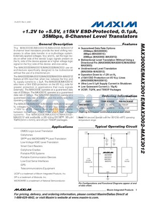 MAX30012 datasheet - 1.2V to 5.5V, a15kV ESD-Protected, 0.1lA, 35Mbps, 8-Channel Level Translators