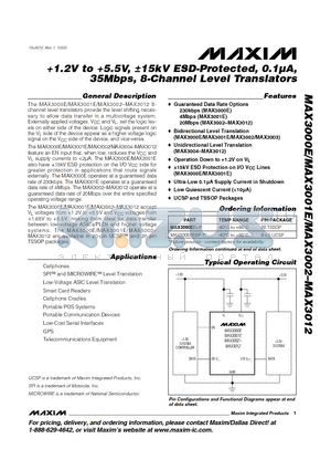 MAX3000E datasheet - 1.2V to 5.5V, a15kV ESD-Protected, 0.1uA, 35Mbps, 8-Channel Level Translators