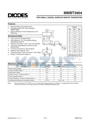 MMBT3904 datasheet - NPN SMALL SIGNAL SURFACE MOUNT TRANSISTOR