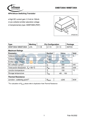 MMBT3904 datasheet - NPN Silicon Switching Transistor