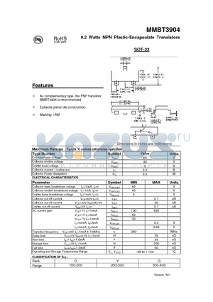 MMBT3904 datasheet - 0.2 Watts NPN Plastic-Encapsulate Transistors