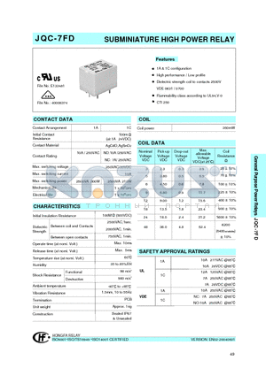 JQC-7FD/0181HSTNIL datasheet - SUBMINIATURE HIGH POWER RELAY