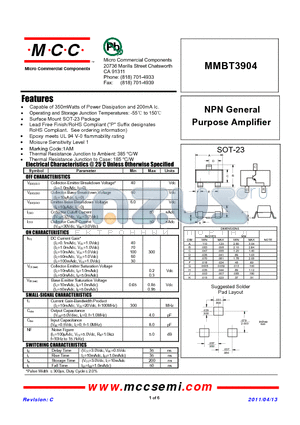 MMBT3904 datasheet - NPN General Purpose Amplifier