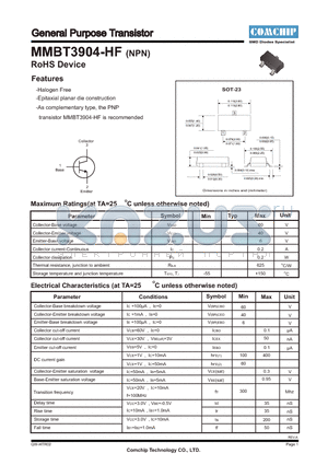 MMBT3904-HF datasheet - General Purpose Transistor