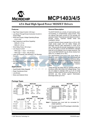 MCP1405T-E/P datasheet - 4.5A Dual High-Speed Power MOSFET Drivers