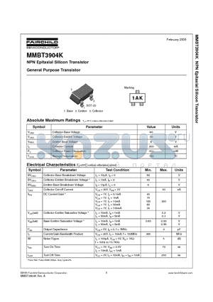 MMBT3904K datasheet - NPN Epitaxial Silicon Transistor, General Purpose Transistor