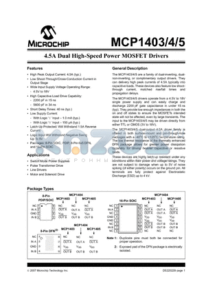 MCP1405-E/SO datasheet - 4.5A Dual High-Speed Power MOSFET Drivers